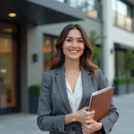 Femme professionnelle en blazer souriante devant agence immobiliere