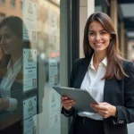Femme souriante en business casual devant une vitrine immobiliere