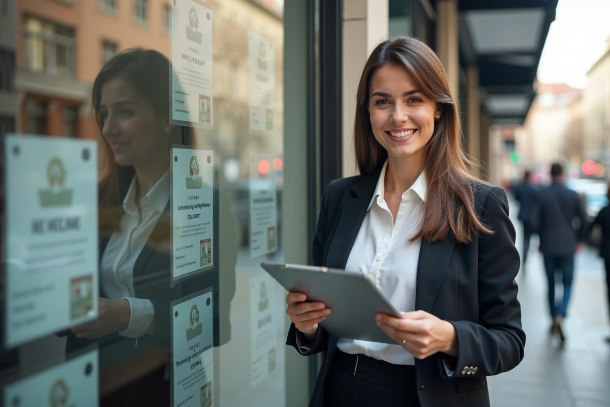 Femme souriante en business casual devant une vitrine immobiliere