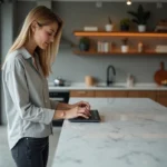 Femme utilisant un assistant vocal dans une cuisine moderne connectée aux tons neutres et bois naturel