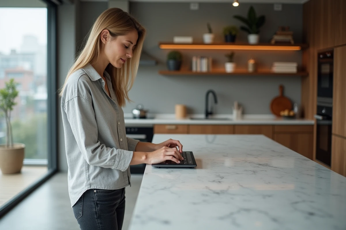 Femme utilisant un assistant vocal dans une cuisine moderne connectée aux tons neutres et bois naturel