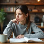 Femme réfléchissant à une décision importante dans un café, prenant des notes dans un carnet ouvert