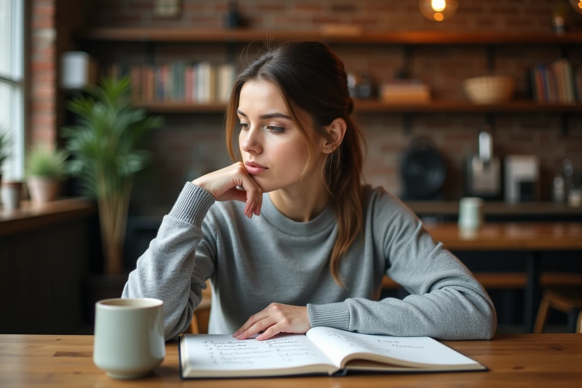 Femme réfléchissant à une décision importante dans un café, prenant des notes dans un carnet ouvert