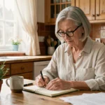 Femme retraitée planifiant son quotidien avec un agenda à la table de cuisine