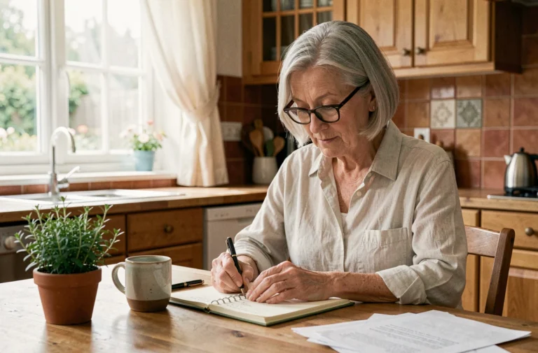 Femme retraitée planifiant son quotidien avec un agenda à la table de cuisine