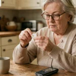 Une femme senior tient une carte SIM entre ses doigts près de son téléphone Doro sur une table en bois