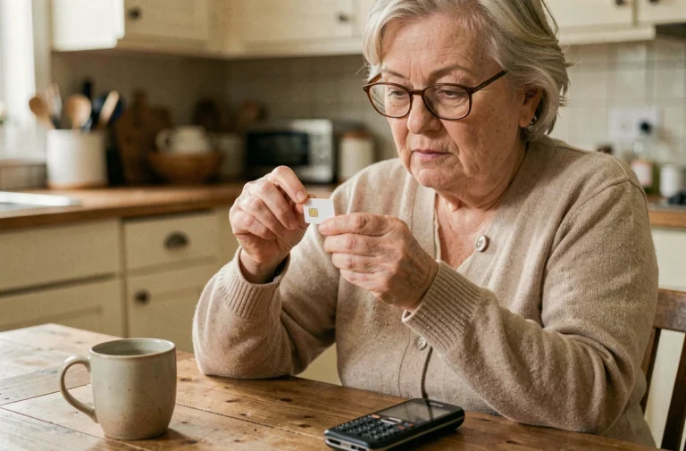 Une femme senior tient une carte SIM entre ses doigts près de son téléphone Doro sur une table en bois