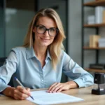 Femme en train de tamponner un document au bureau