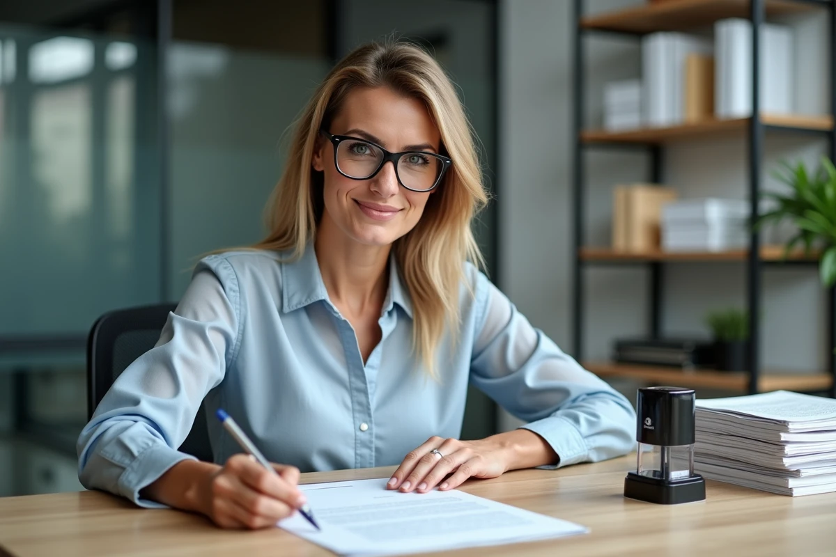 Femme en train de tamponner un document au bureau
