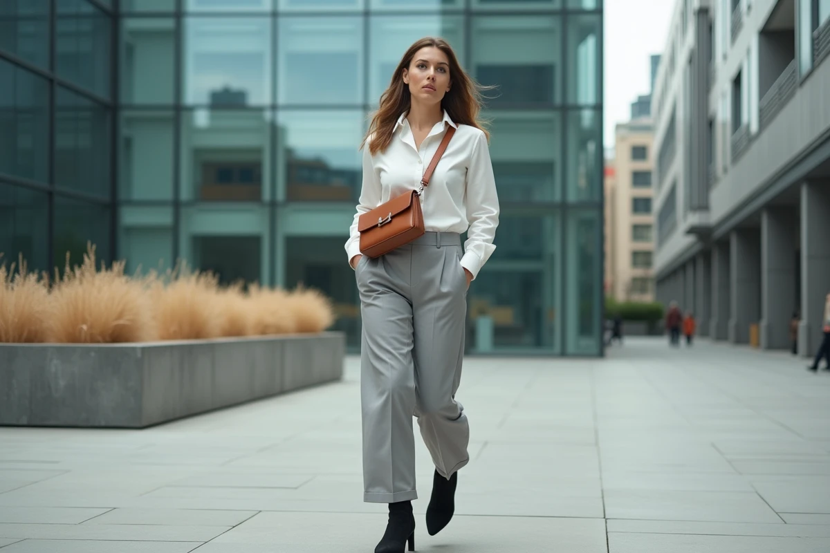 Femme dynamique en tenue urbaine tendance avec micro-sac en cuir et bottines suédées dans une place moderne