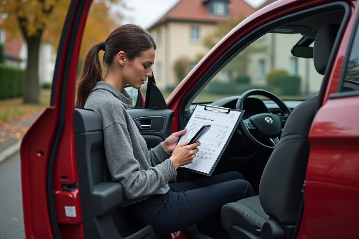 Femme consultant un rapport historique de véhicule avant d'acheter une voiture d'occasion