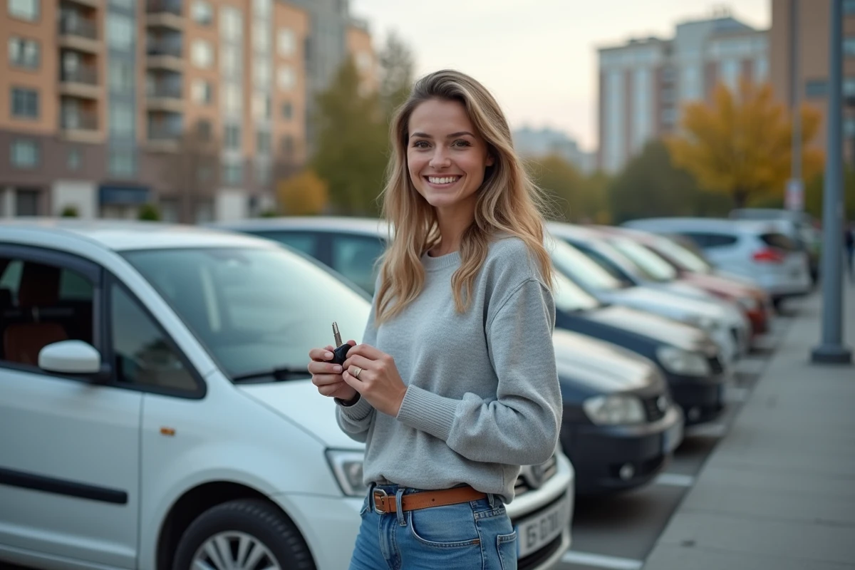 Jeune femme souriante avec sa voiture en ville