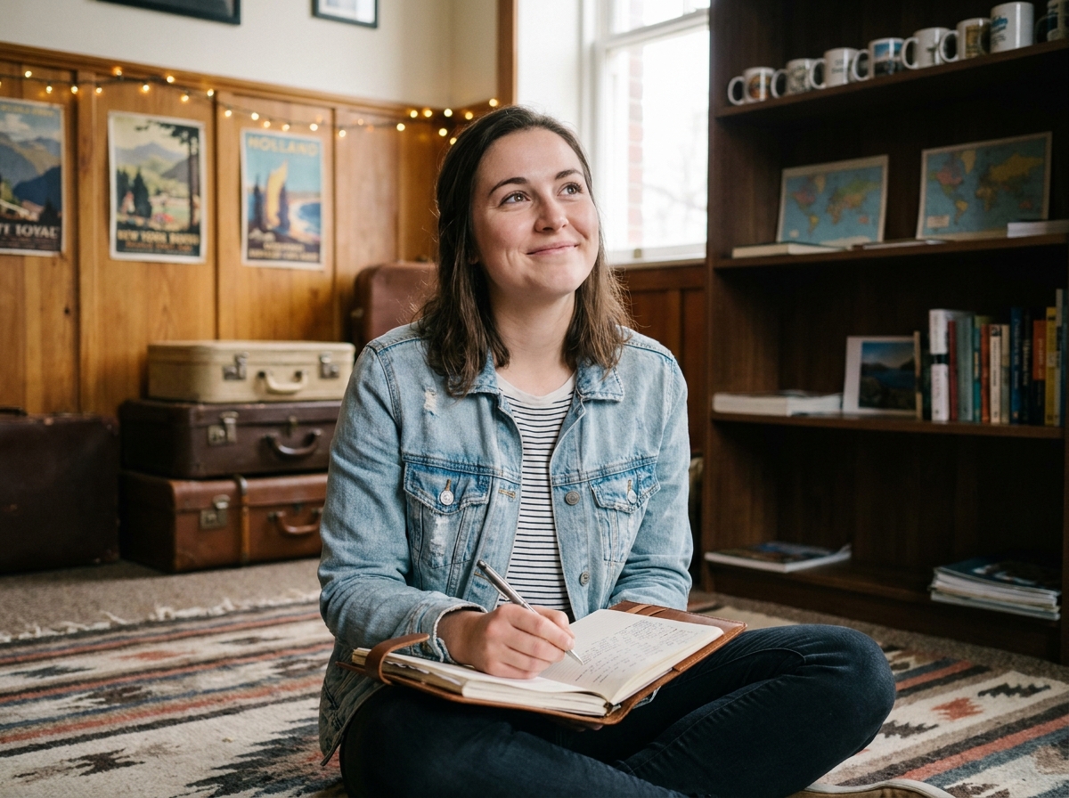 Jeune femme écrivant dans un journal de voyage dans un hostel