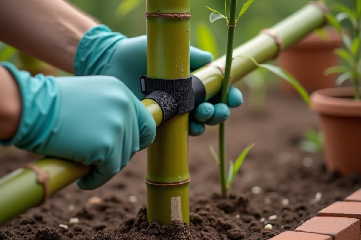 Gros plan sur la fixation de deux bambous croisés avec un collier de serrage dans un potager structuré