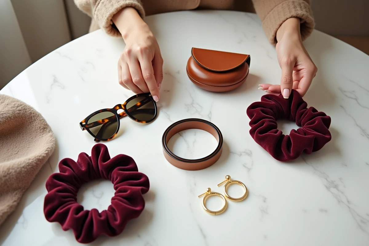 Flat lay d'accessoires tendance saison — ceinture écaille, boucles d'oreilles dorées et lunettes en cuir cognac sur marbre