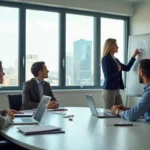 Formatrice professionnelle animant une session de formation en salle de conférence moderne avec des participants adultes attentifs
