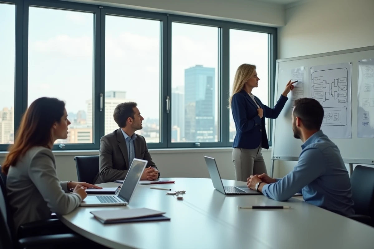 Formatrice professionnelle animant une session de formation en salle de conférence moderne avec des participants adultes attentifs