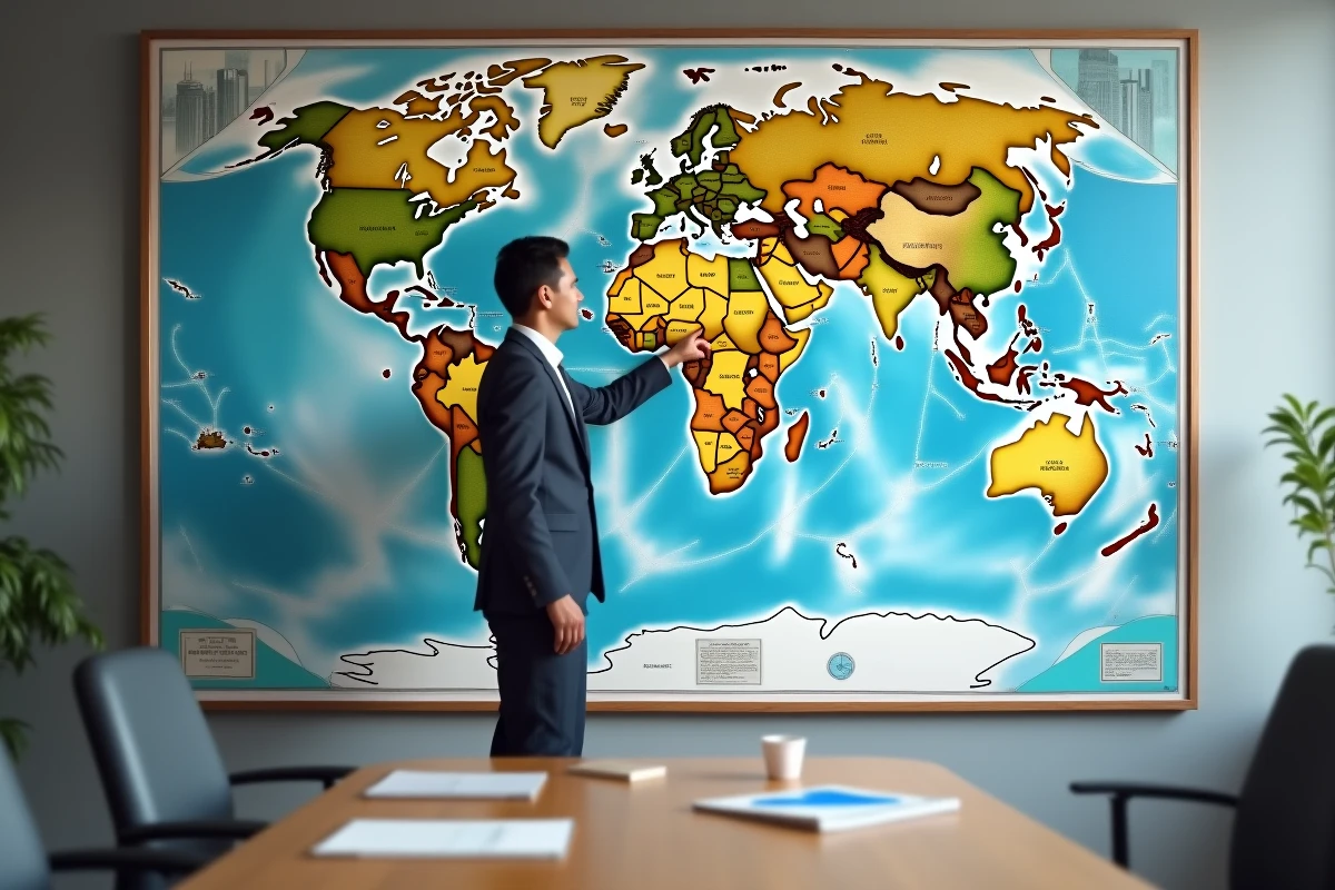 Géographe professionnel désignant la localisation du Sri Lanka sur une grande carte politique du monde accrochée au mur