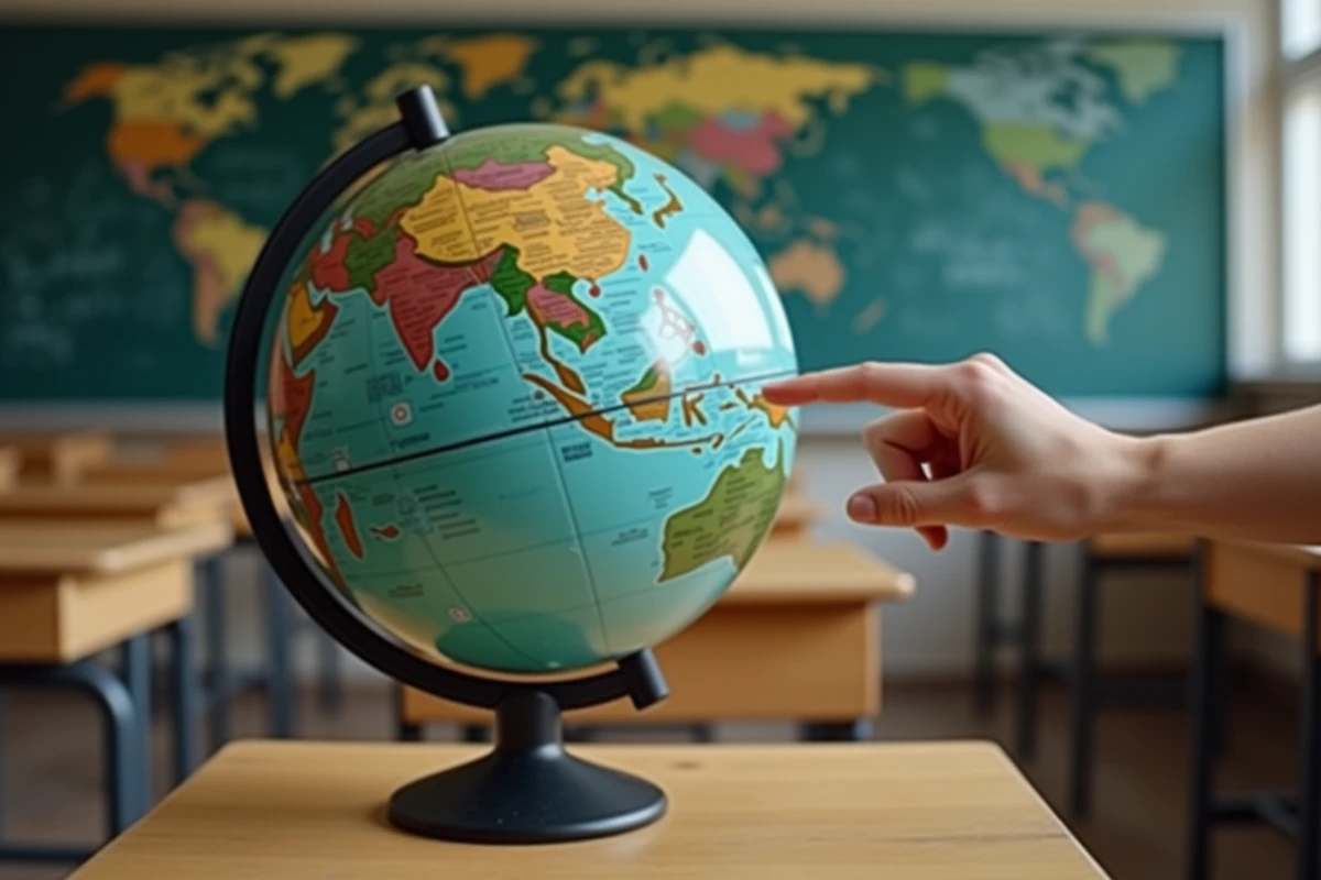 Globe terrestre numérique dans une salle de classe montrant la position du Sri Lanka en Asie du Sud