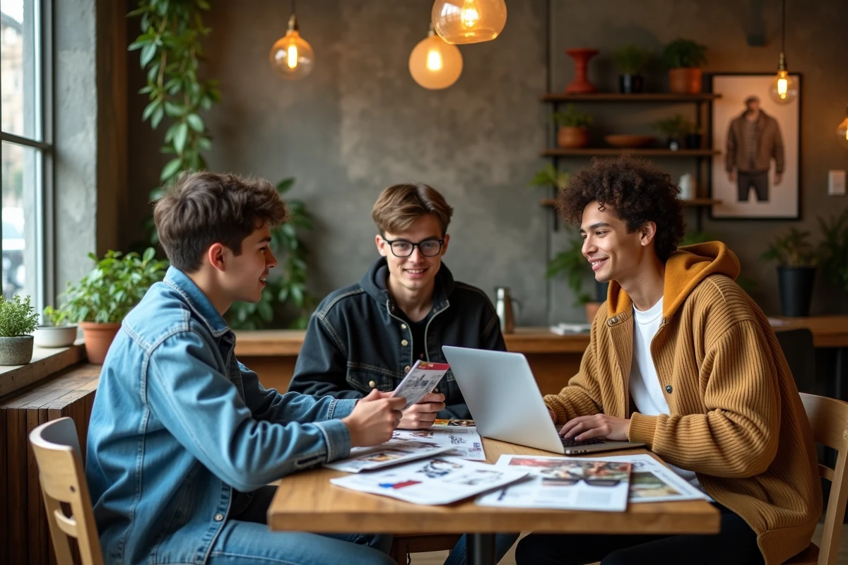 Groupe de jeunes adolescents discutant des tendances mode autour d'un café avec magazines et ordinateurs portables