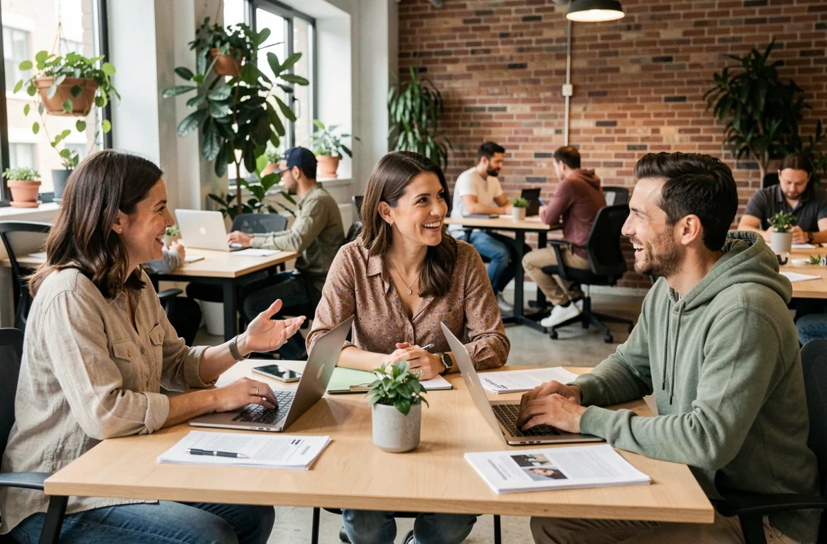 Groupe de parents de familles nombreuses échangeant autour d'une table dans un espace de travail collaboratif, symbole de l'entraide communautaire en ligne