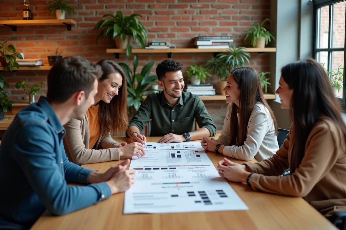 Groupe de jeunes professionnels discutant autour d une affiche de rebranding