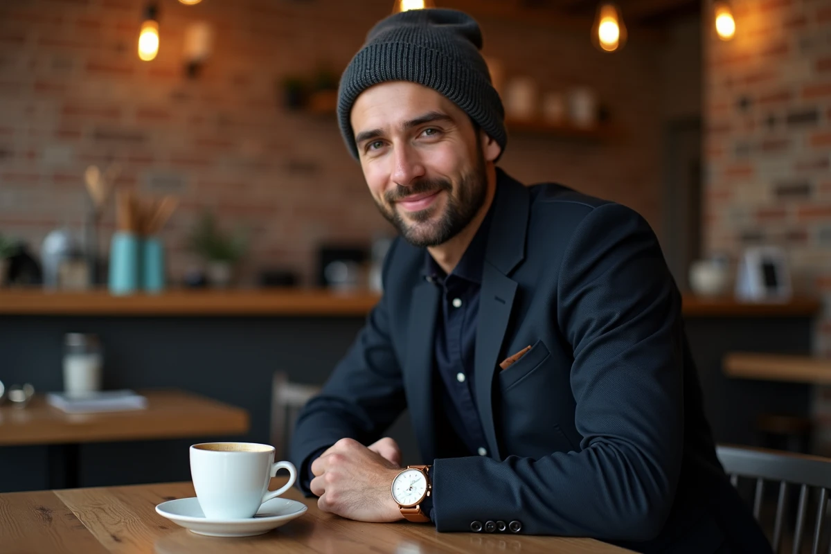 Homme élégant avec montre en cuir et bonnet en maille dans un café parisien au décor vintage