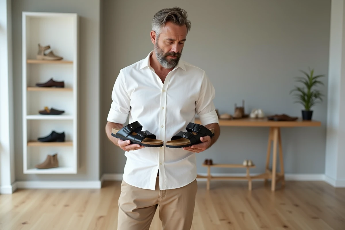Homme comparant une sandale Scholl et une Birkenstock dans un magasin de chaussures minimaliste