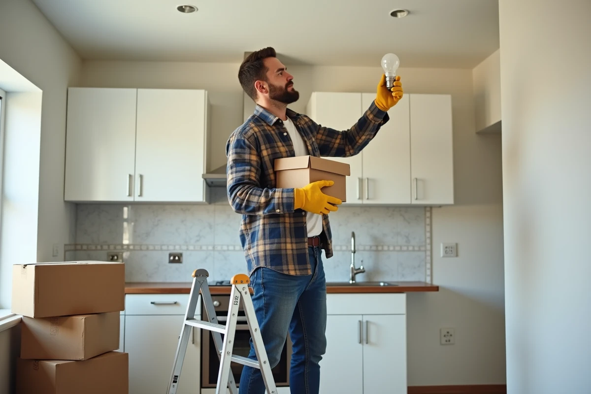 Homme sur un escabeau préparant les ampoules à emporter lors d'un déménagement en cuisine