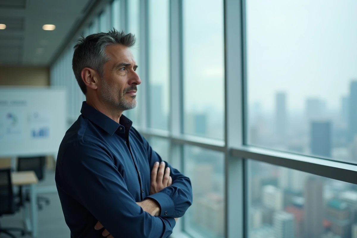 Homme d'affaires en pleine réflexion devant une fenêtre panoramique sur une skyline urbaine