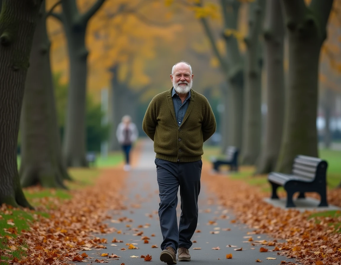 Homme retraité se promenant sereinement dans un parc en automne