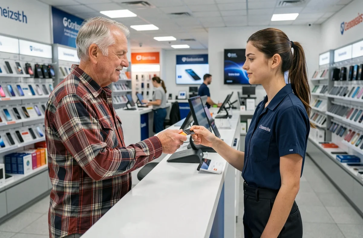 Un homme senior échange avec une vendeuse en boutique télécom pour choisir une carte SIM compatible Doro
