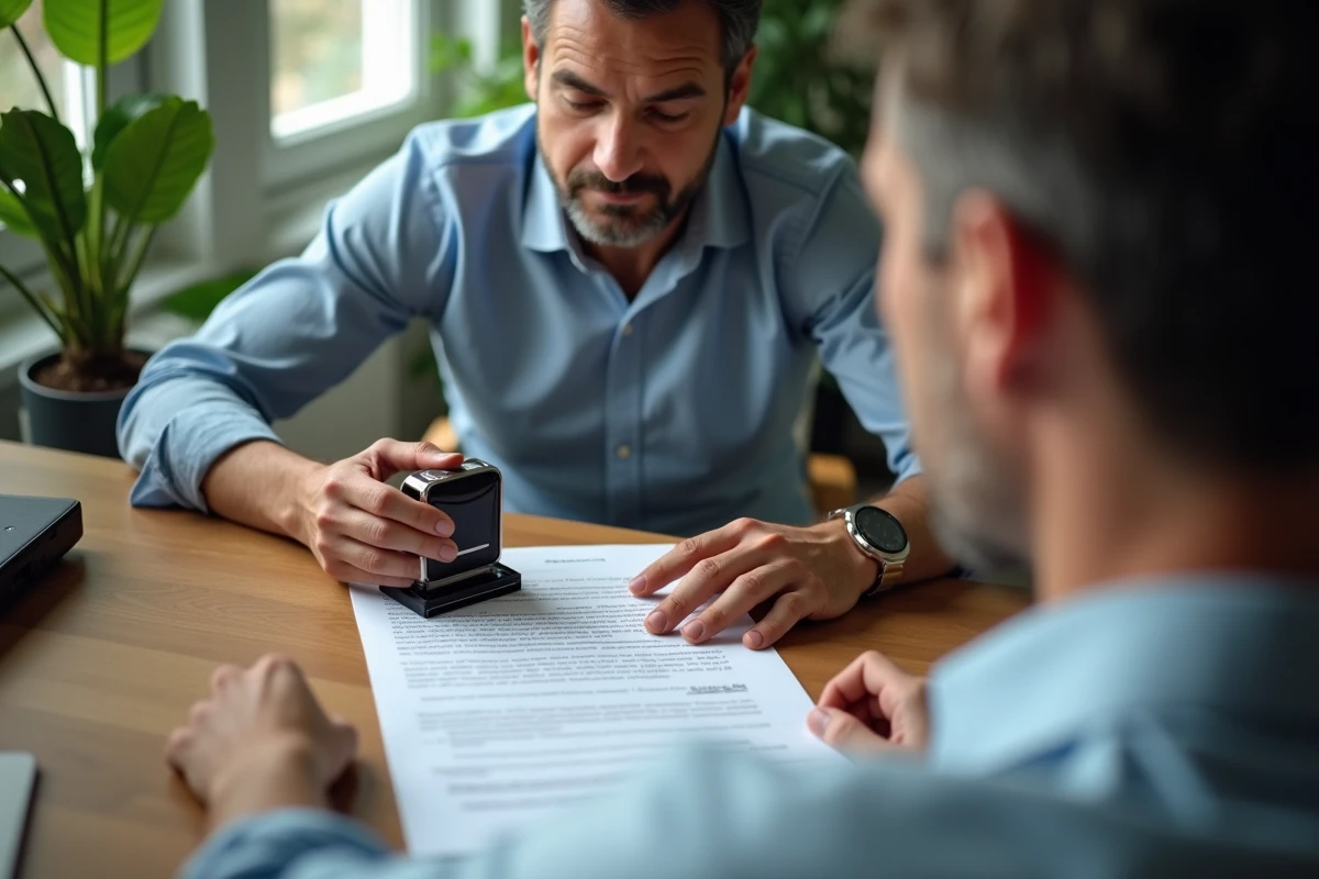 Homme apposant un tampon sur un document à la maison