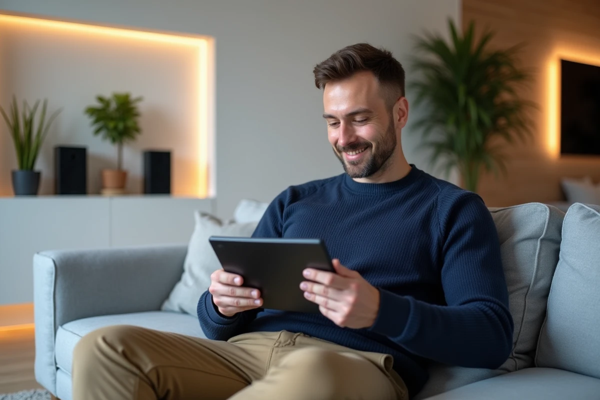 Homme contrôlant sa maison intelligente via tablette dans un salon contemporain épuré