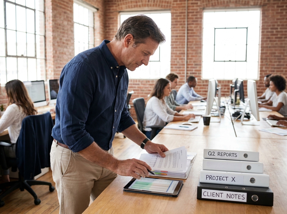 Homme organisant des documents dans un espace de coworking