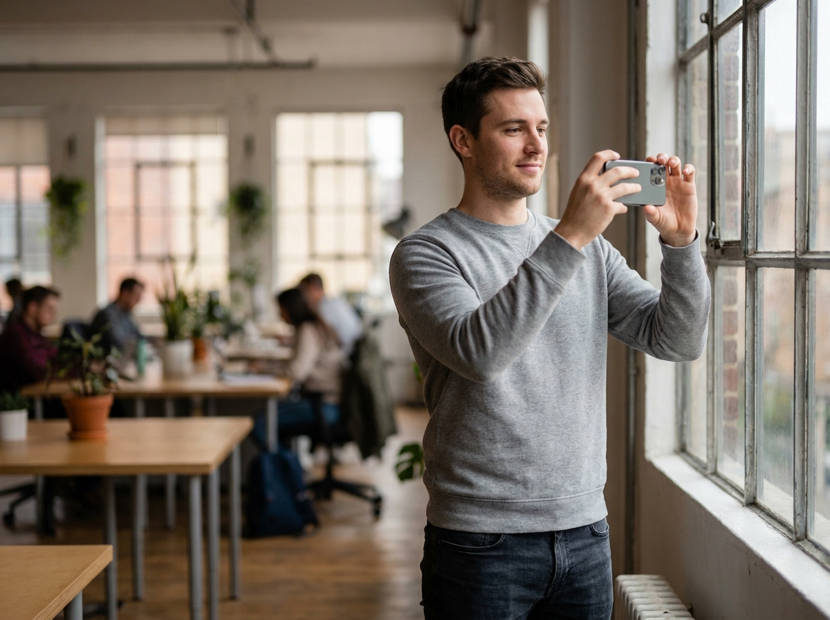 Homme filmant un contenu authentique dans un espace de coworking pour promouvoir son école en ligne