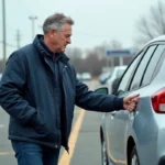 Homme inspectant la carrosserie d'une voiture d'occasion dans un parking de concessionnaire automobile