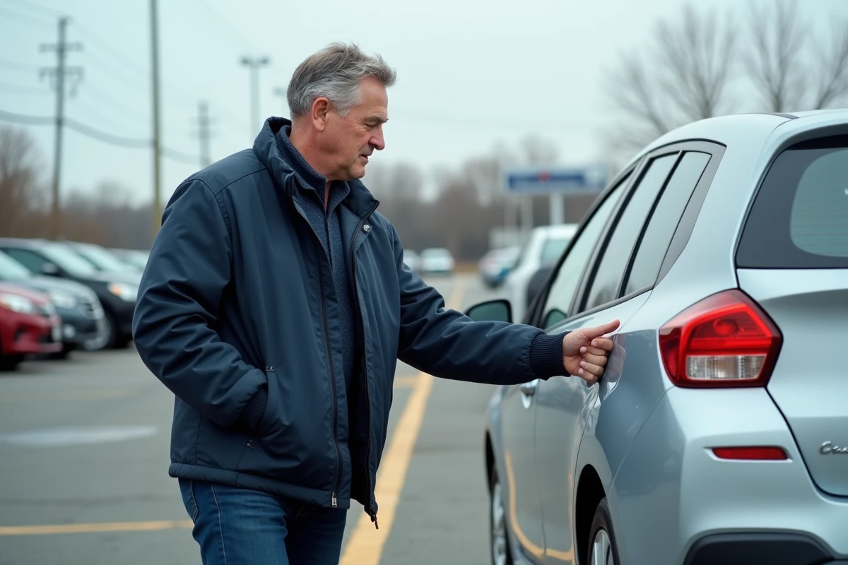 Homme inspectant la carrosserie d'une voiture d'occasion dans un parking de concessionnaire automobile