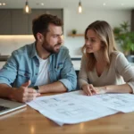 Couple dans une cuisine moderne en train de revoir des plans