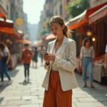 Jeune femme stylée dans une tenue tendance vintage urbaine consultant son smartphone dans un marché de rue animé