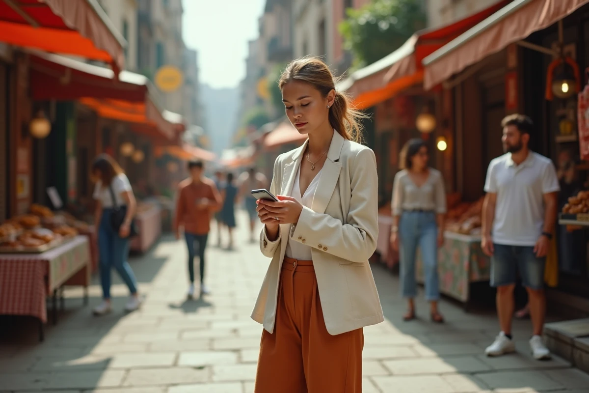 Jeune femme stylée dans une tenue tendance vintage urbaine consultant son smartphone dans un marché de rue animé
