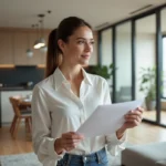 Jeune femme professionnelle examine un plan dans un appartement moderne