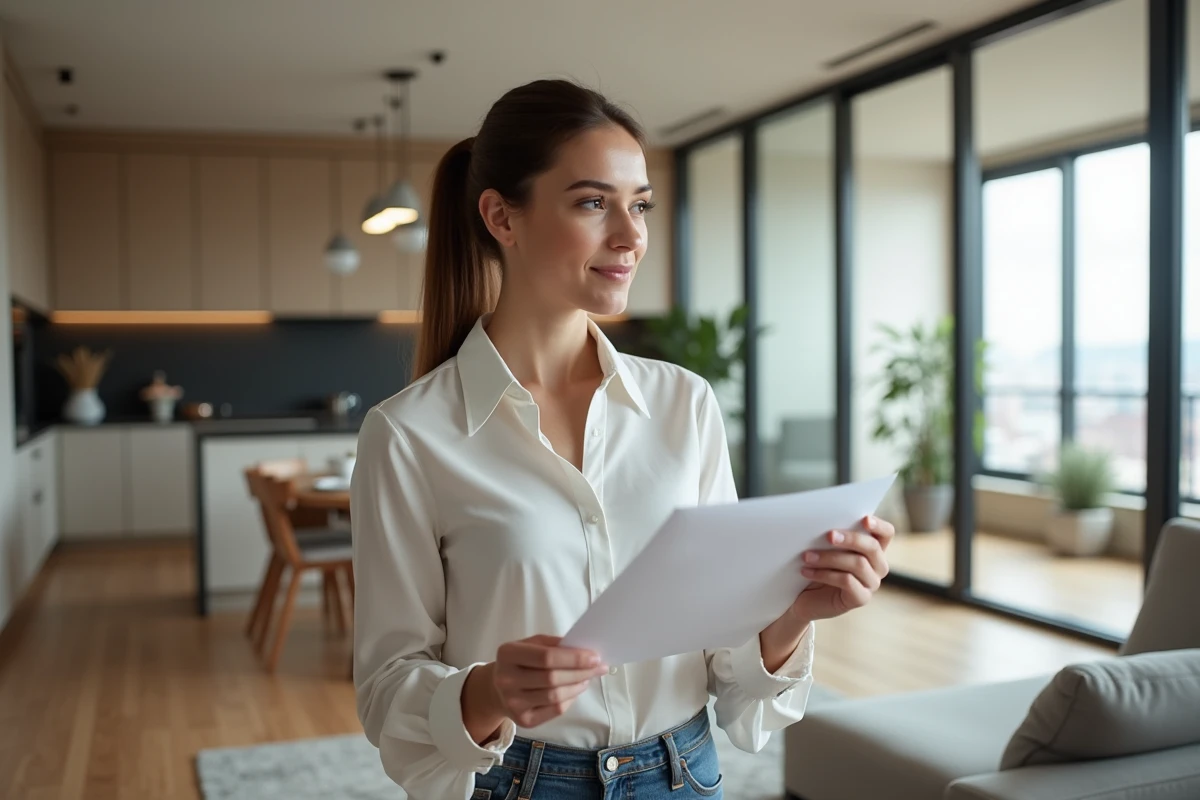 Jeune femme professionnelle examine un plan dans un appartement moderne