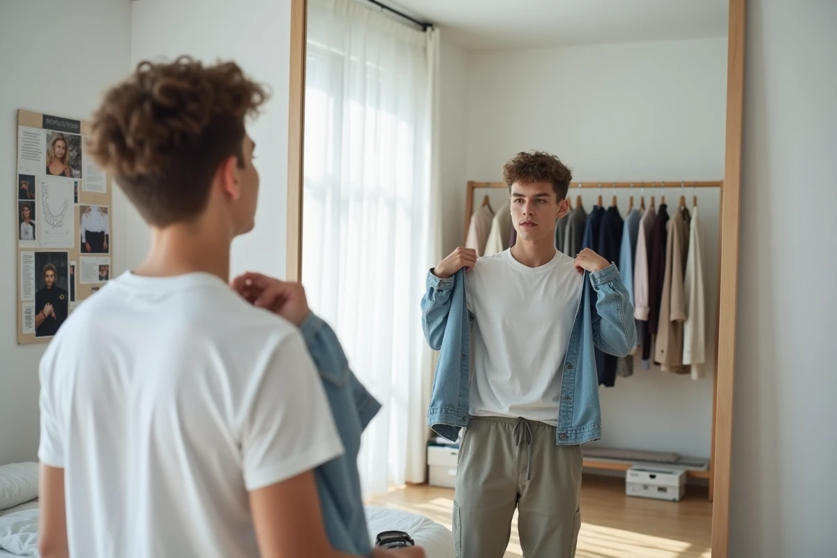 Jeune homme adolescent comparant des tenues devant un miroir dans une chambre minimaliste reflétant la culture mode contemporaine