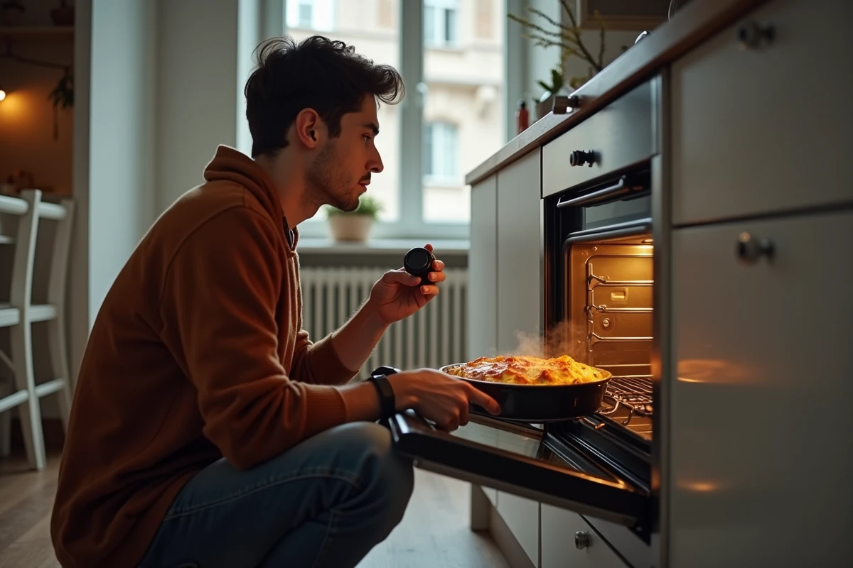 Jeune homme vérifie un gratin dans un four moderne