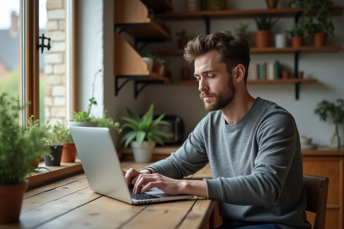 Jeune homme consulte des annonces immobilières sur son ordinateur