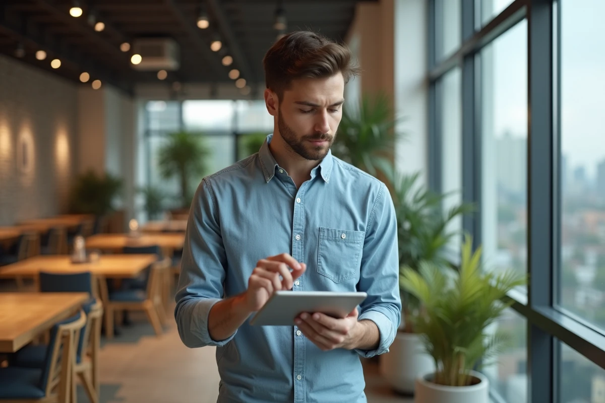 Jeune professionnel avec une tablette dans un espace de coworking