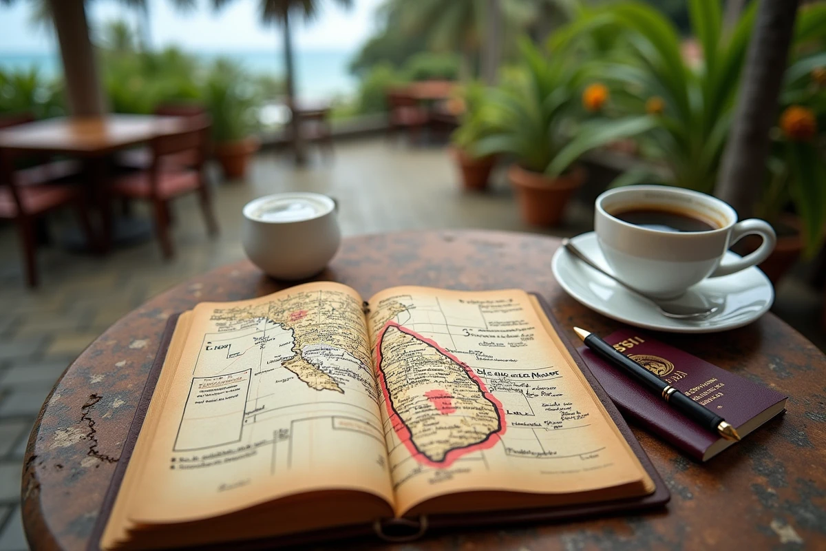 Journal de voyage ouvert avec carte dessinée à la main localisant le Sri Lanka entouré d'annotations manuscrites