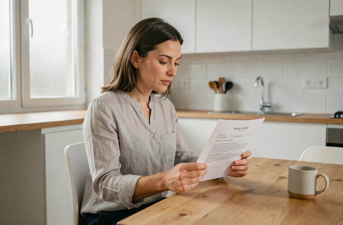 Femme locataire lisant attentivement un contrat de garantie loyer impayé dans son appartement