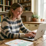 Mère de famille nombreuse souriant devant son ordinateur portable dans une cuisine chaleureuse, illustrant l'entraide entre familles sur les forums en ligne